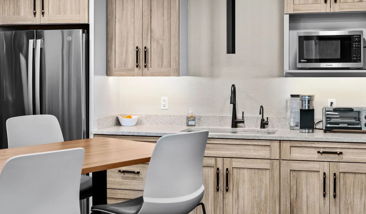 Rustic modern office remodel commercial interior design olympia wa breakroom