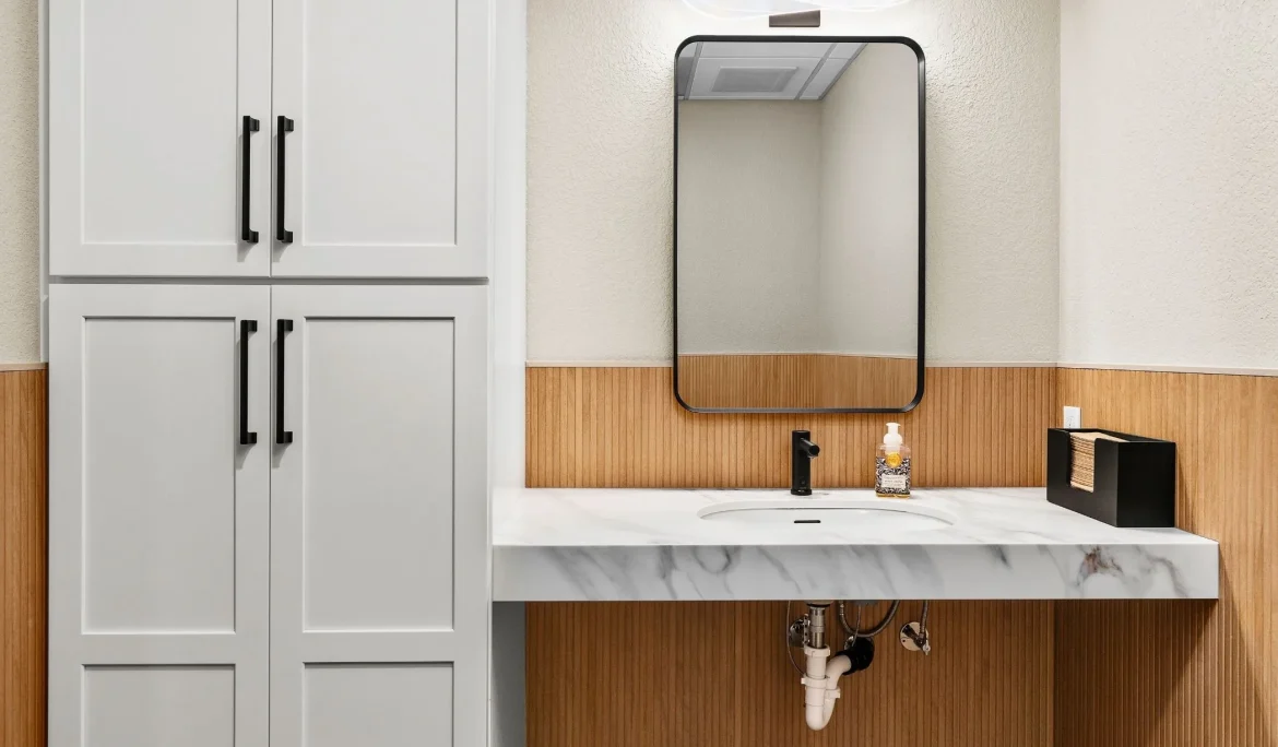 Rustic modern office remodel commercial interior design olympia wa employee bathroom
