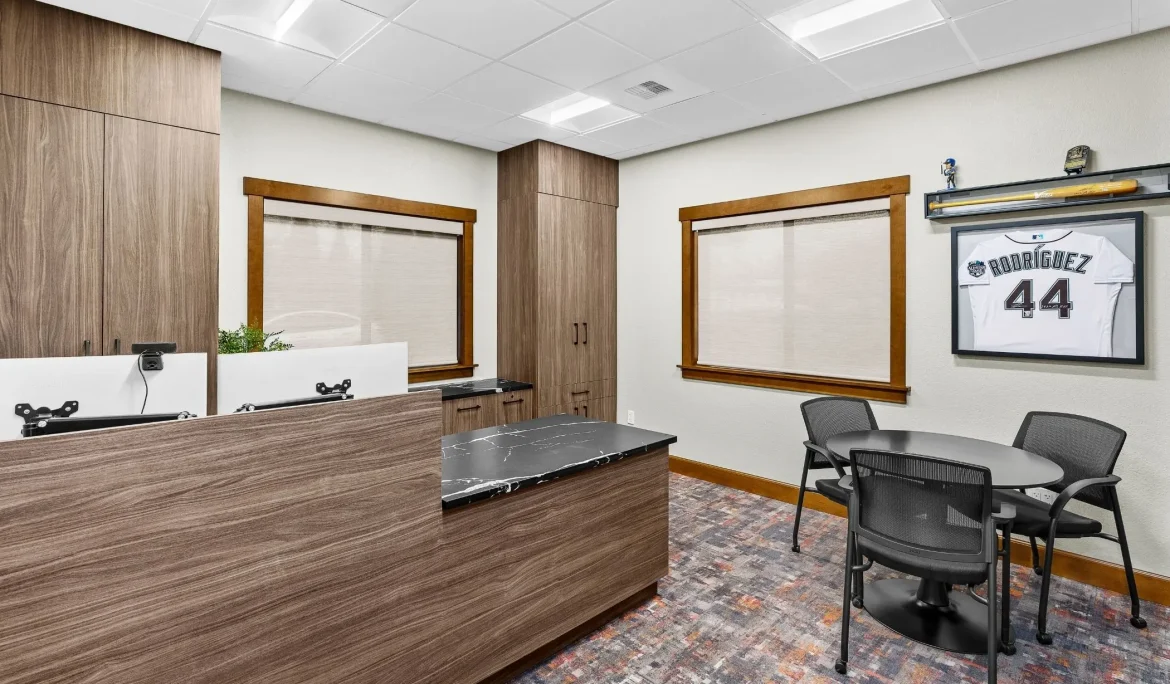 Rustic modern office remodel commercial interior design olympia wa lobby