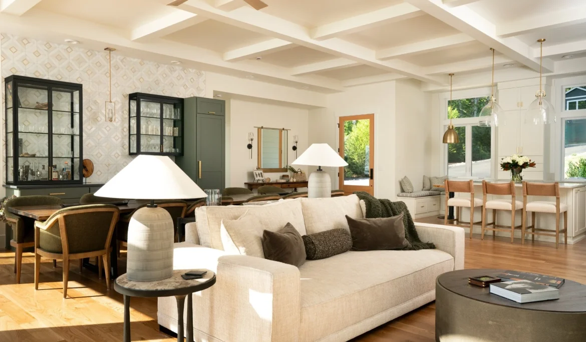 Open-concept living and dining area with custom furnishings at Sound View Estate in Olympia, WA